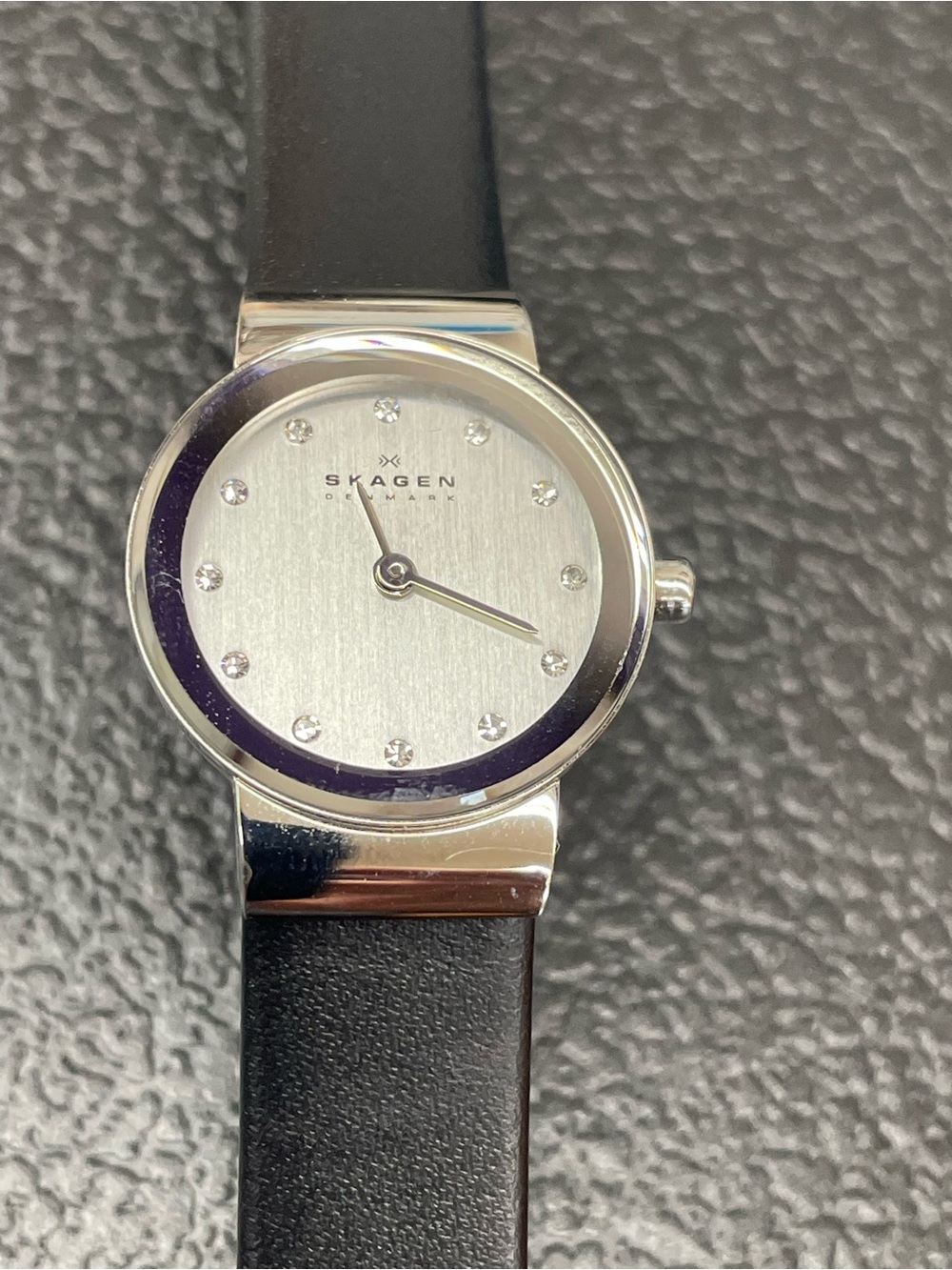 Skagen Silver Dial Women's Watch with Black Leather Strap
